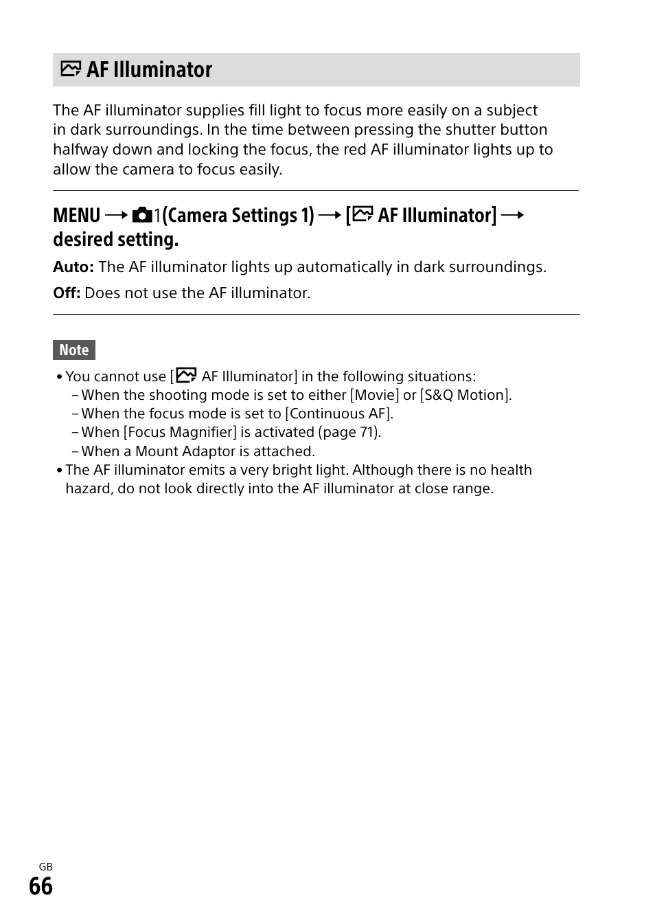 Af illuminator | Sony Alpha 9 User Manual | Page 66 / 263