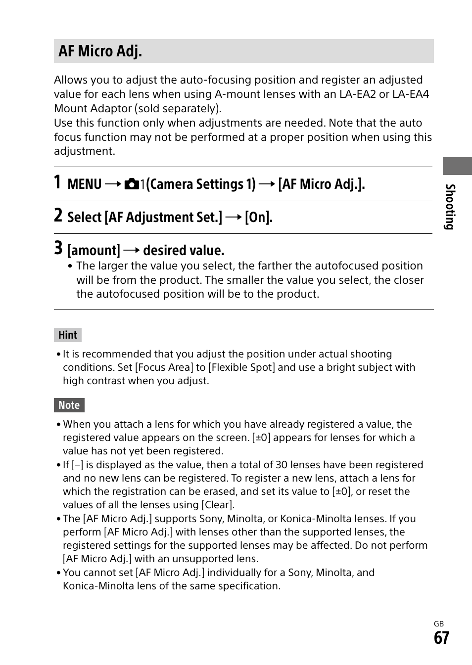 Af micro adj, Menu  (camera settings 1)  [af micro adj, Select [af adjustment set.]  [on | Amount]  desired value | Sony Alpha 9 User Manual | Page 67 / 263