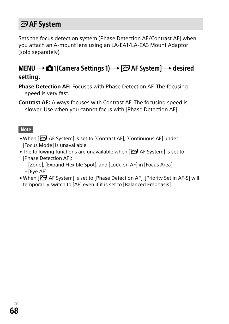 Af system | Sony Alpha 9 User Manual | Page 68 / 263