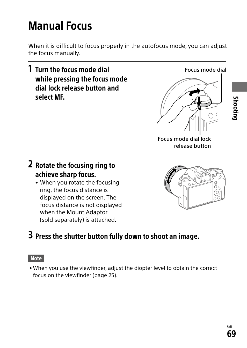 Manual focus | Sony Alpha 9 User Manual | Page 69 / 263