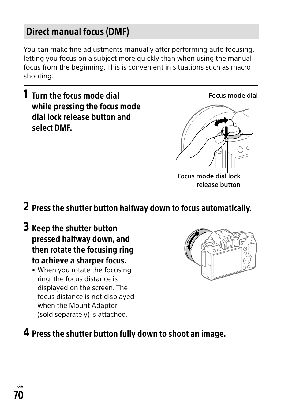 Direct manual focus (dmf) | Sony Alpha 9 User Manual | Page 70 / 263