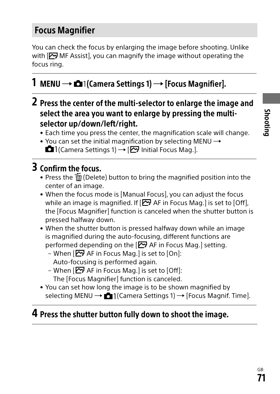 Focus magnifier, Menu  (camera settings 1)  [focus magnifier, Confirm the focus | Sony Alpha 9 User Manual | Page 71 / 263