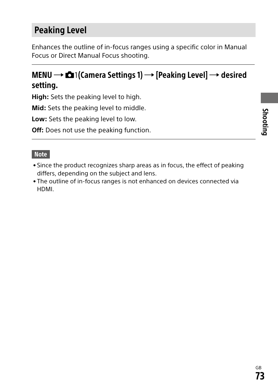 Peaking level | Sony Alpha 9 User Manual | Page 73 / 263