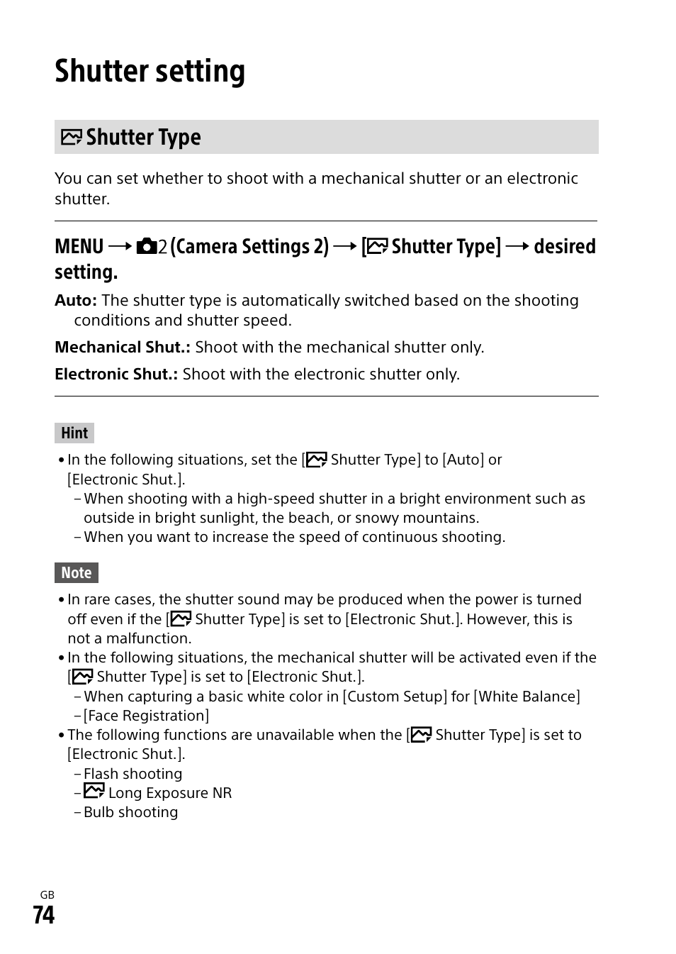 Shutter setting, Shutter type | Sony Alpha 9 User Manual | Page 74 / 263