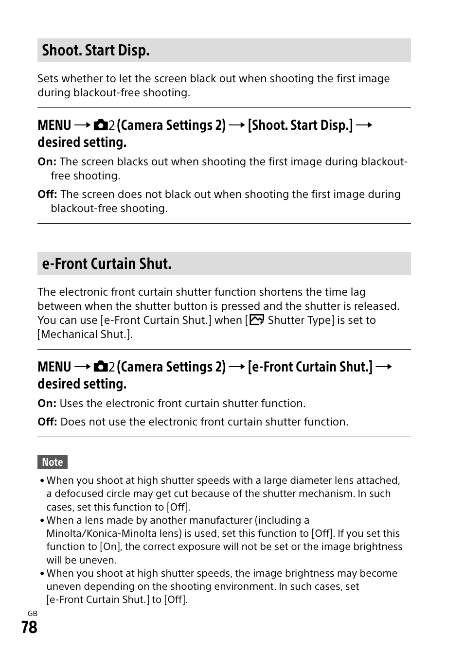 Shoot. start disp, E-front curtain shut | Sony Alpha 9 User Manual | Page 78 / 263