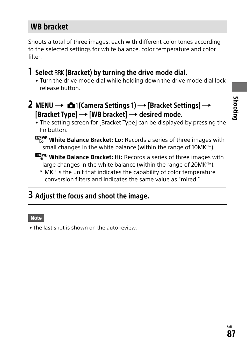 Wb bracket, Select (bracket) by turning the drive mode dial, Adjust the focus and shoot the image | Sony Alpha 9 User Manual | Page 87 / 263