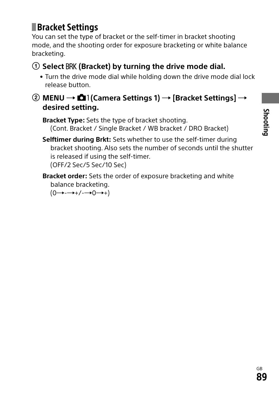 Bracket settings | Sony Alpha 9 User Manual | Page 89 / 263