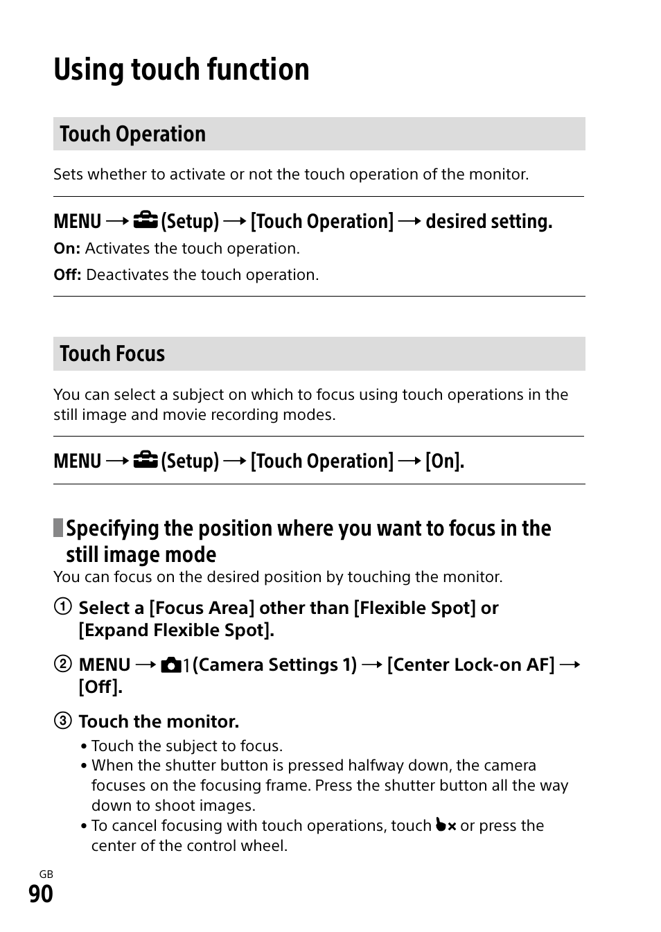 Using touch function, Touch operation, Touch focus | Sony Alpha 9 User Manual | Page 90 / 263