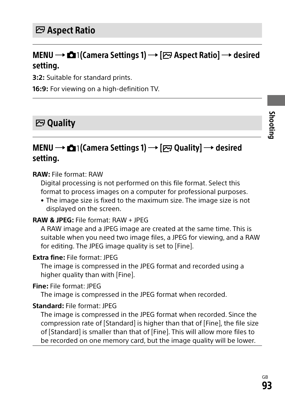 Aspect ratio, Quality | Sony Alpha 9 User Manual | Page 93 / 263