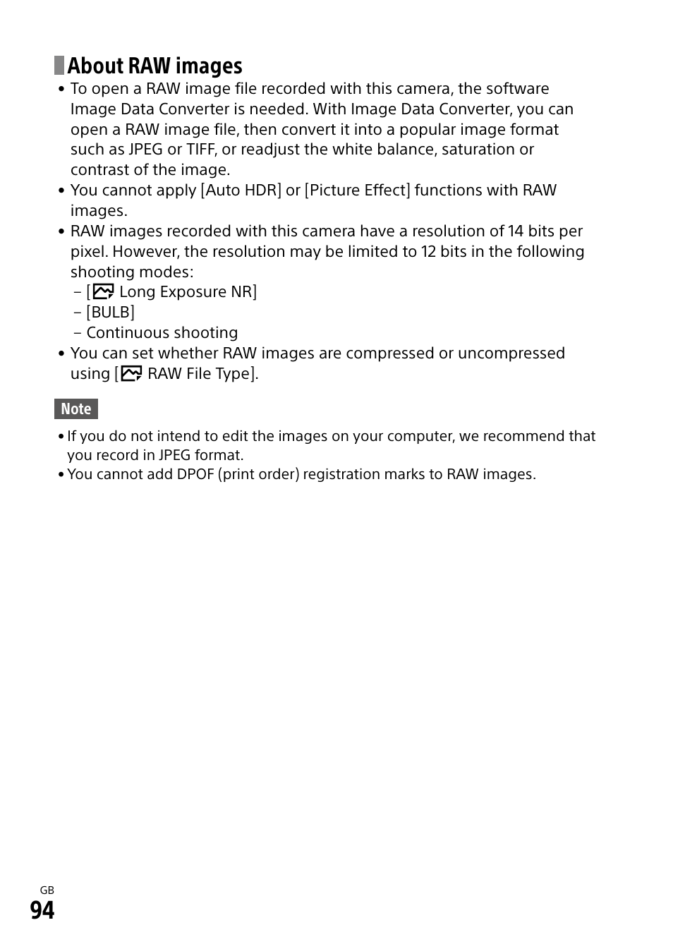 About raw images | Sony Alpha 9 User Manual | Page 94 / 263