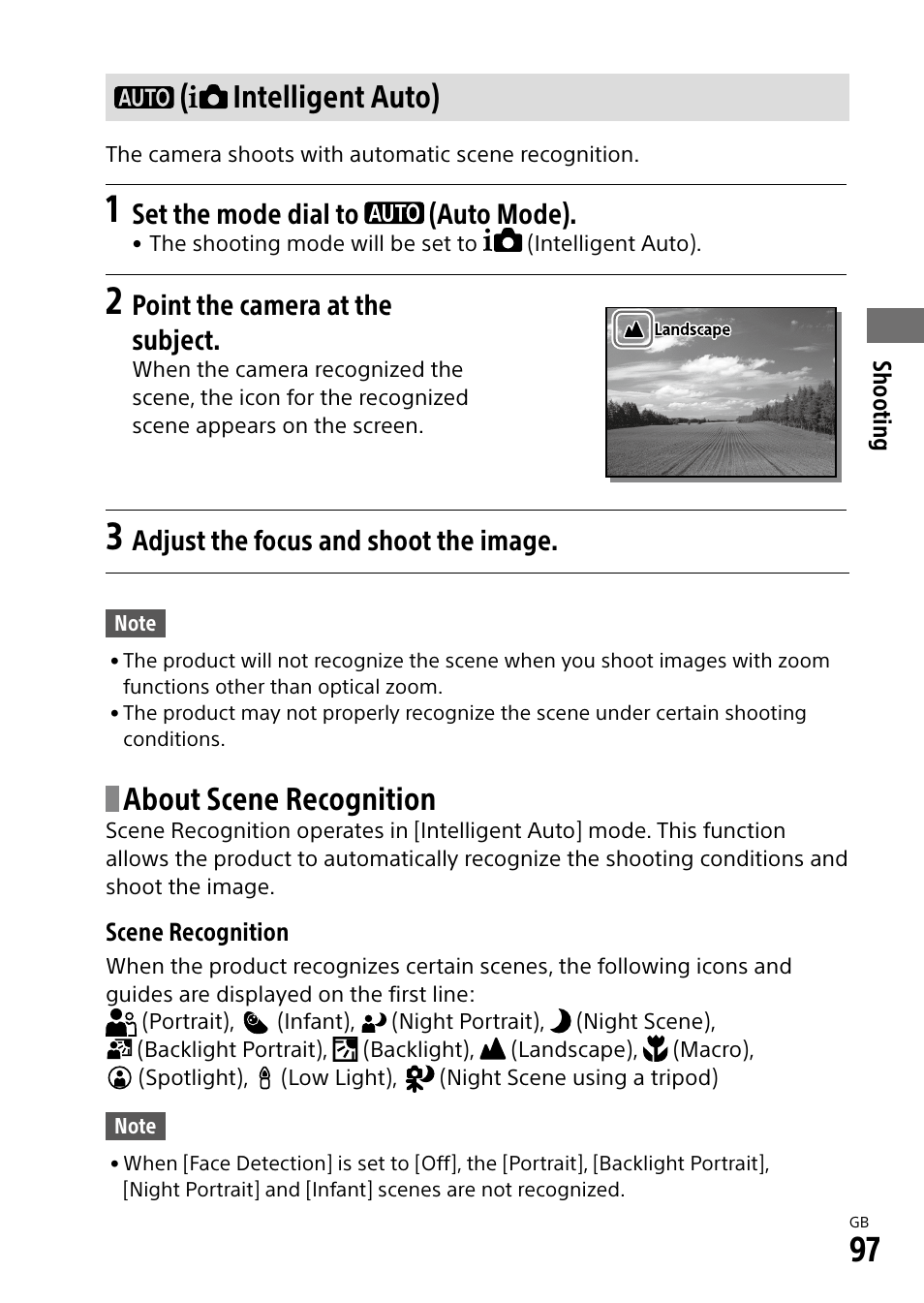 Intelligent auto), About scene recognition, Set the mode dial to (auto mode) | Point the camera at the subject, Adjust the focus and shoot the image | Sony Alpha 9 User Manual | Page 97 / 263