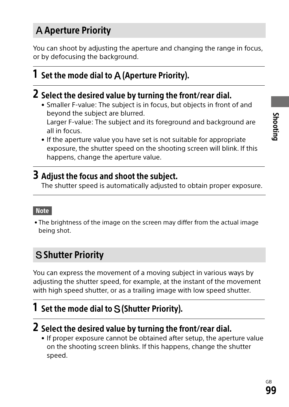 Aperture priority, Shutter priority | Sony Alpha 9 User Manual | Page 99 / 263