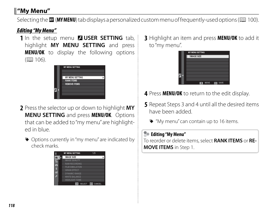 My menu | FujiFilm X-Pro2 User Manual | Page 136 / 176