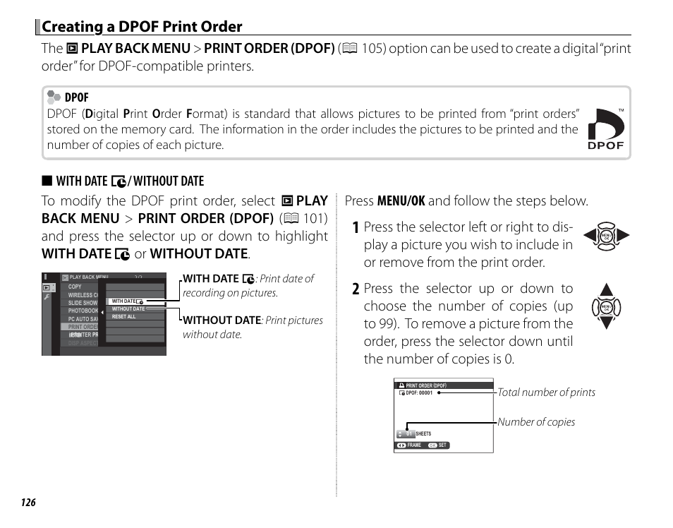 Creating a dpof print order, Press menu/ok and follow the steps below | FujiFilm X-Pro2 User Manual | Page 144 / 176