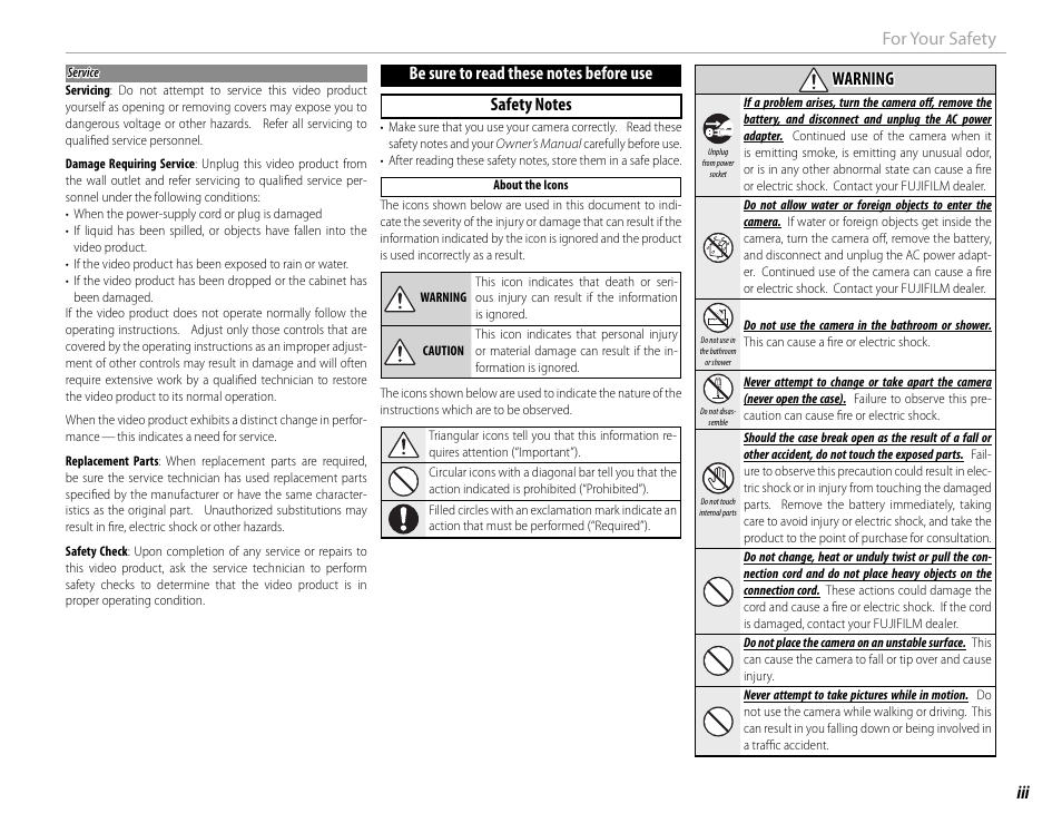 Iii for your safety, Warning warning | FujiFilm X-Pro2 User Manual | Page 3 / 176