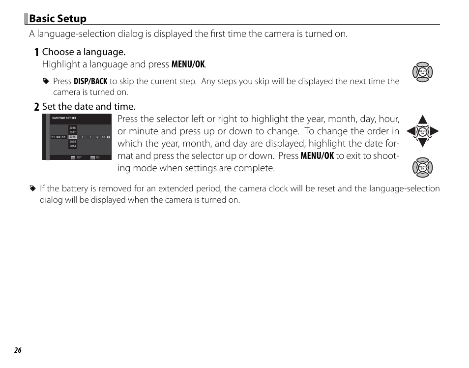 Basic setup, Set the date and time | FujiFilm X-Pro2 User Manual | Page 44 / 176