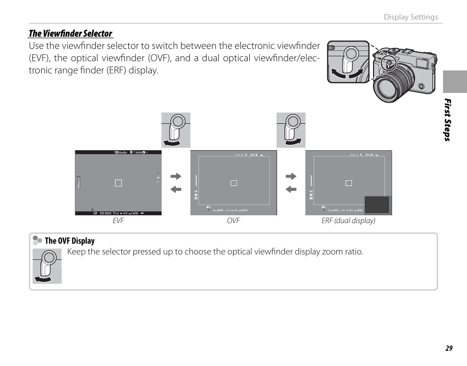 Fi rs t s te p s, The ovf display, Display settings | Evf ovf erf (dual display) | FujiFilm X-Pro2 User Manual | Page 47 / 176