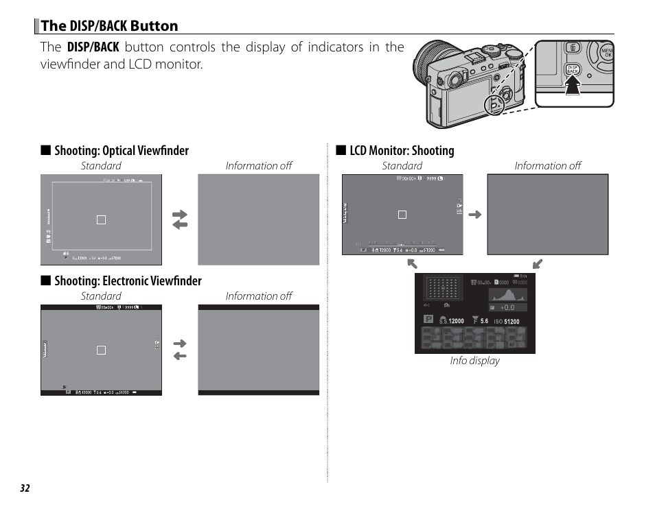 The disp/back disp/back button button, Shooting: electronic viewfi nder, Lcd monitor: shooting | FujiFilm X-Pro2 User Manual | Page 50 / 176