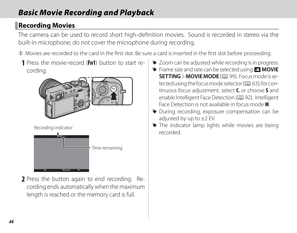 Basic movie recording and playback | FujiFilm X-Pro2 User Manual | Page 62 / 176