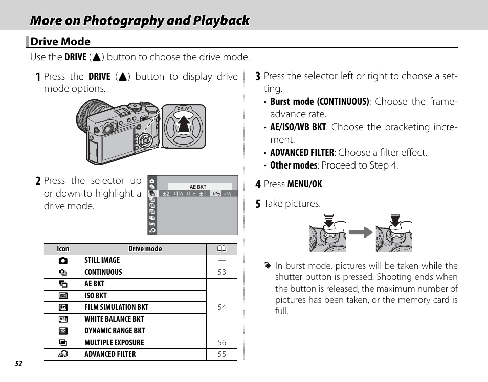 More on photography and playback, Drive mode | FujiFilm X-Pro2 User Manual | Page 70 / 176