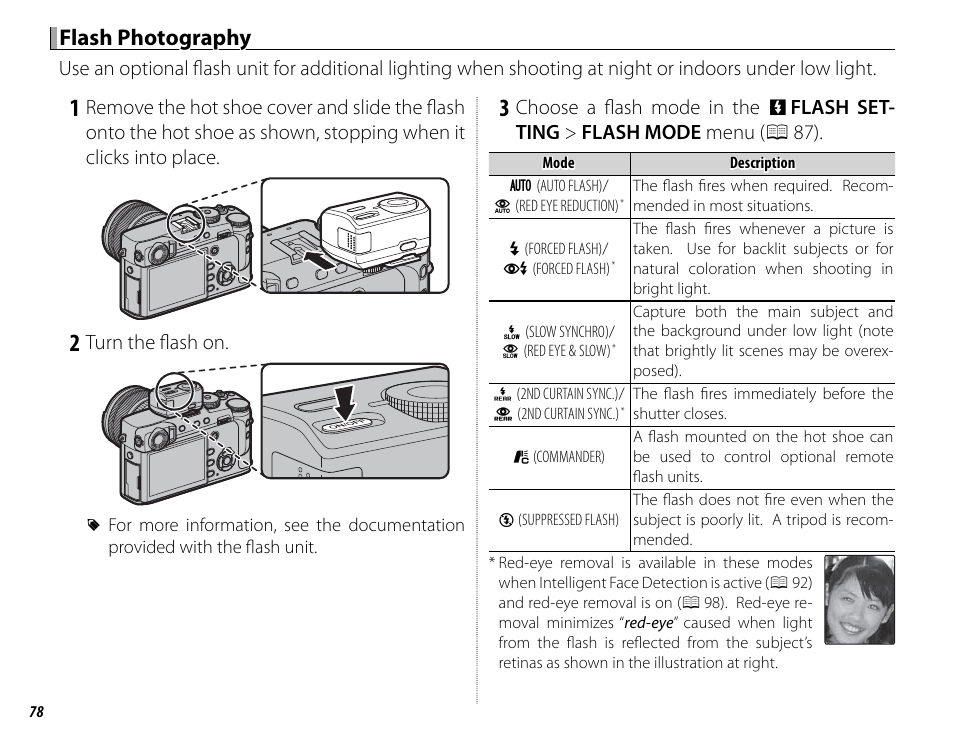 Flash photography, Turn the fl ash on | FujiFilm X-Pro2 User Manual | Page 96 / 176