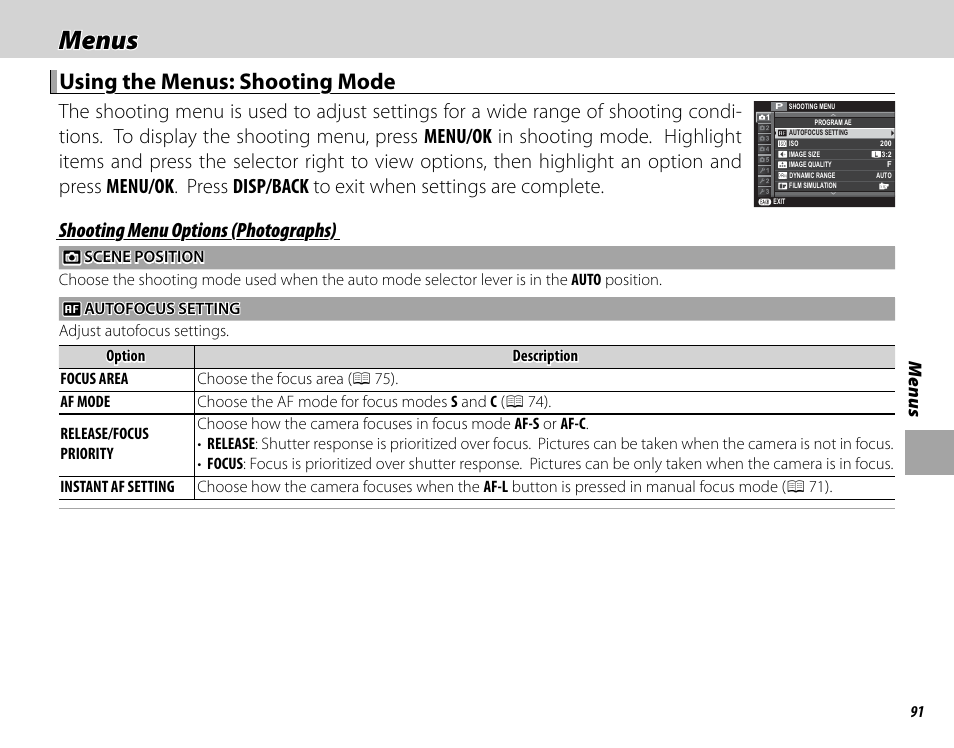 Menus, Using the menus: shooting mode, Shooting menu options (photographs) | FujiFilm X-T10 User Manual | Page 107 / 176