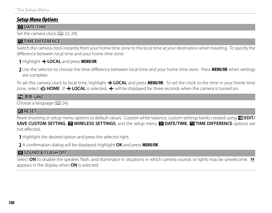 Setup menu options | FujiFilm X-T10 User Manual | Page 122 / 176