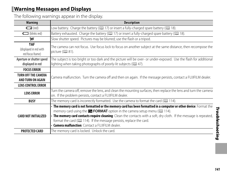 Warning messages and displays, The following warnings appear in the display | FujiFilm X-T10 User Manual | Page 157 / 176