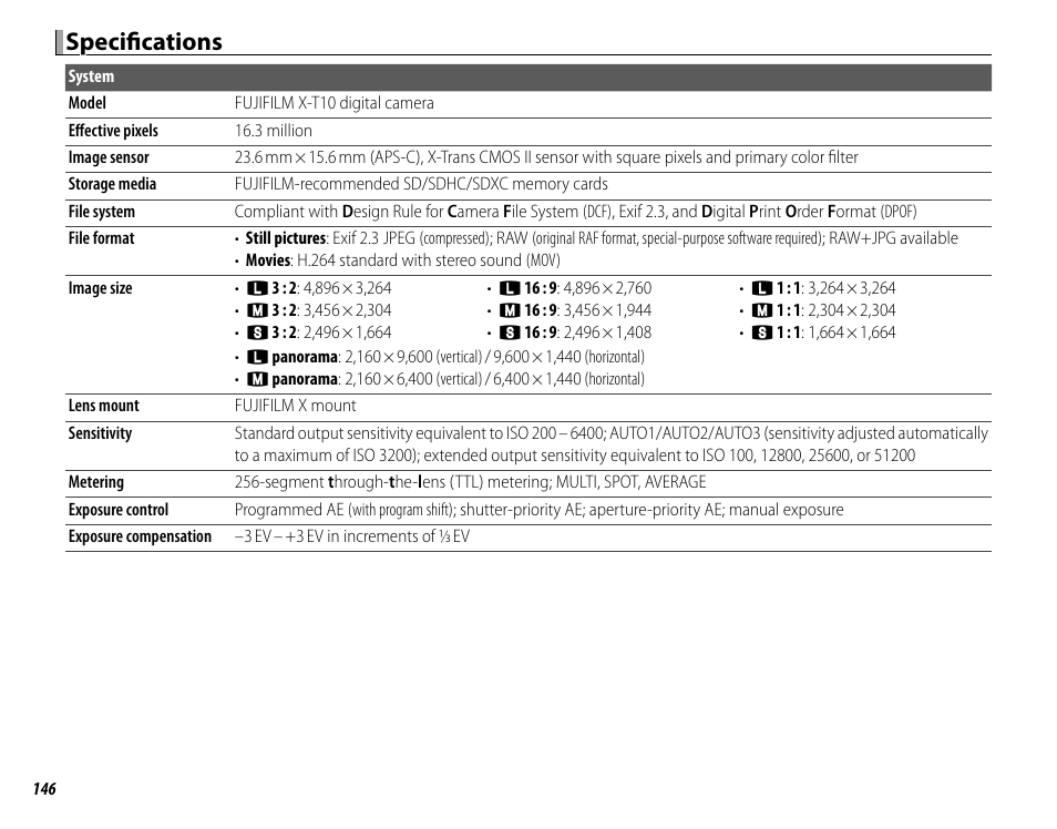 Specifi cations | FujiFilm X-T10 User Manual | Page 162 / 176