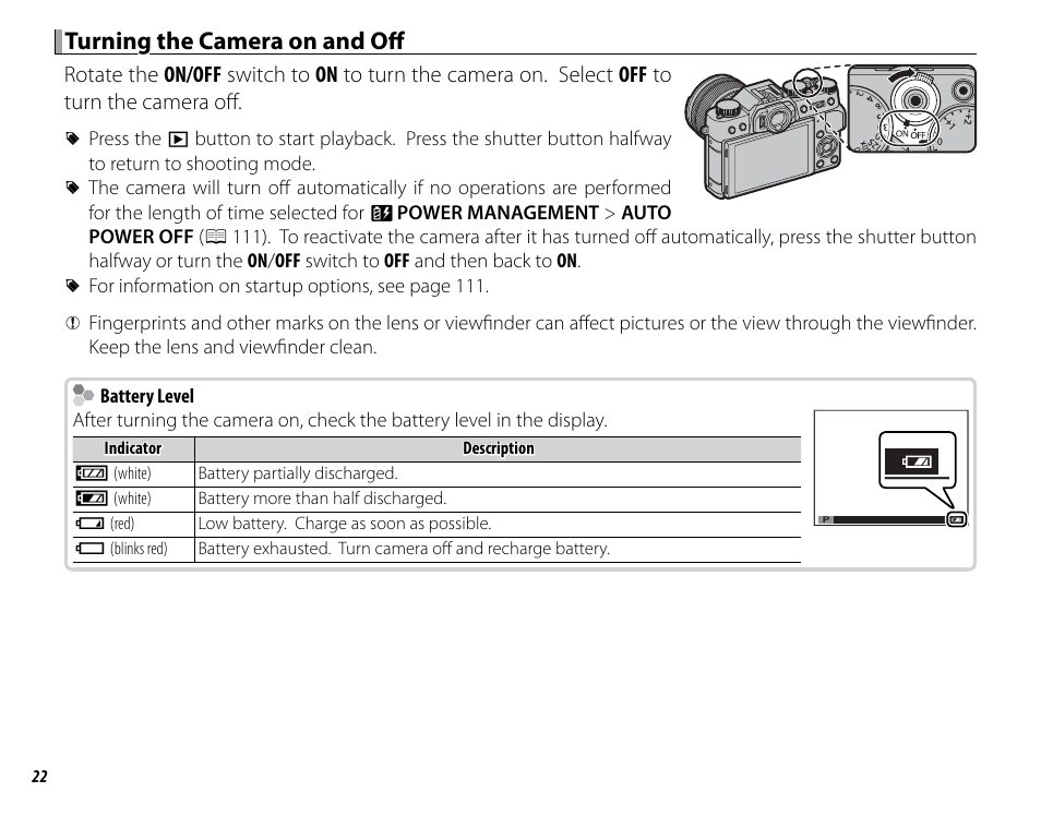 Turning the camera on and off | FujiFilm X-T10 User Manual | Page 38 / 176