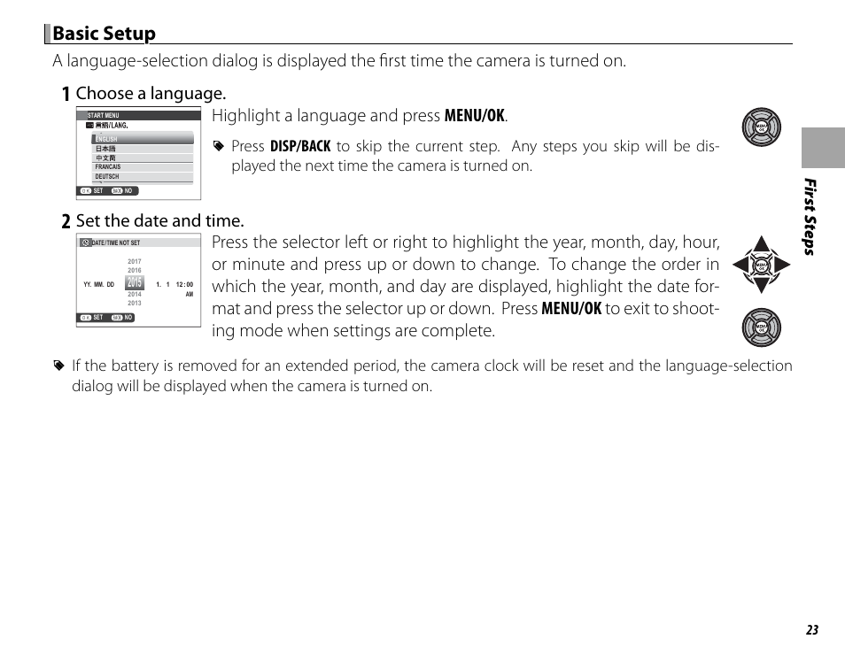 Basic setup, Choose a language, Highlight a language and press menu/ok | Set the date and time, Fi rs t s te p s | FujiFilm X-T10 User Manual | Page 39 / 176