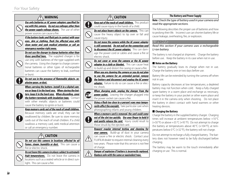 Iv for your safety warning warning, Caution caution | FujiFilm X-T10 User Manual | Page 4 / 176