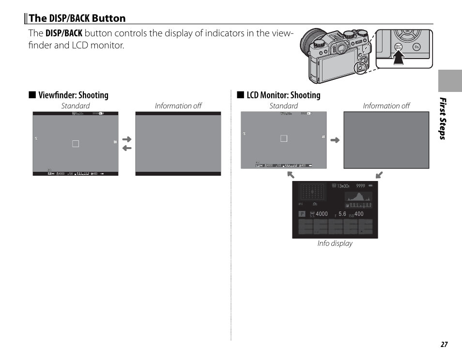 The disp/back disp/back button button, Lcd monitor: shooting | FujiFilm X-T10 User Manual | Page 43 / 176