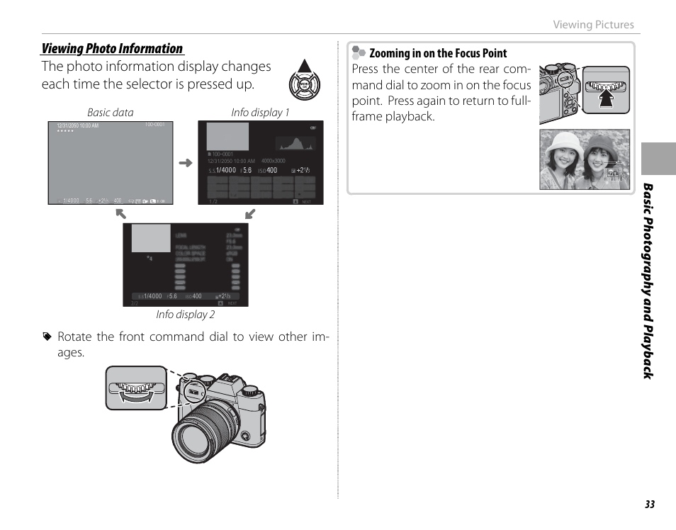 Viewing pictures, Basic data info display 1, Info display 2 | FujiFilm X-T10 User Manual | Page 49 / 176