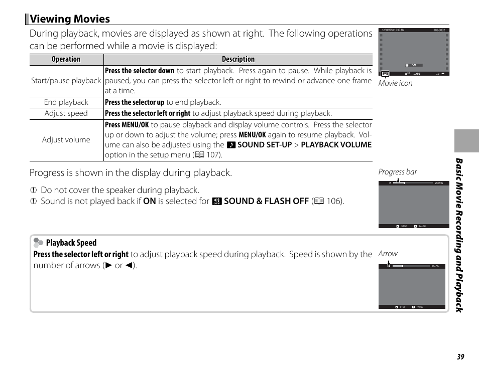 Viewing movies, Progress is shown in the display during playback | FujiFilm X-T10 User Manual | Page 55 / 176