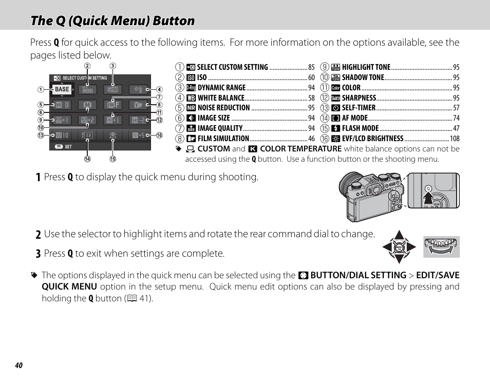 The q (quick menu) button | FujiFilm X-T10 User Manual | Page 56 / 176