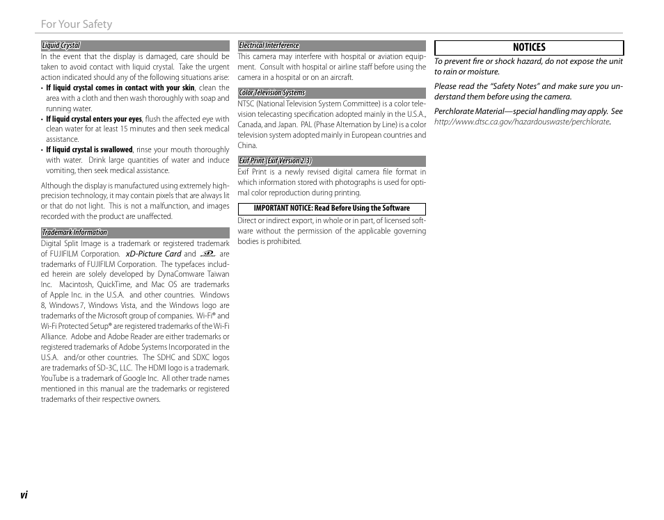 Vi for your safety, Notices | FujiFilm X-T10 User Manual | Page 6 / 176