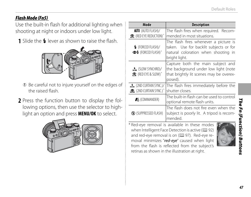 Slide the n lever as shown to raise the fl ash, Flash mode (fn5) | FujiFilm X-T10 User Manual | Page 63 / 176