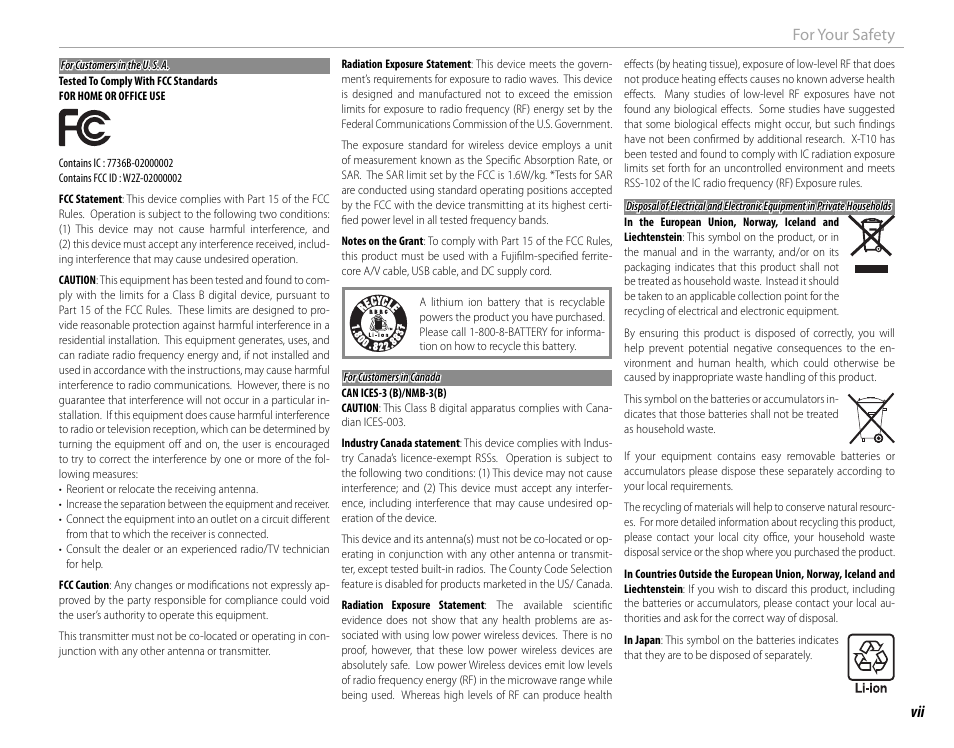 Vii for your safety | FujiFilm X-T10 User Manual | Page 7 / 176