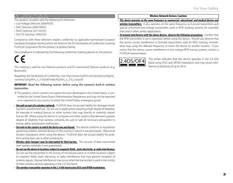 4ds/of4, Ix for your safety | FujiFilm X-T10 User Manual | Page 9 / 176