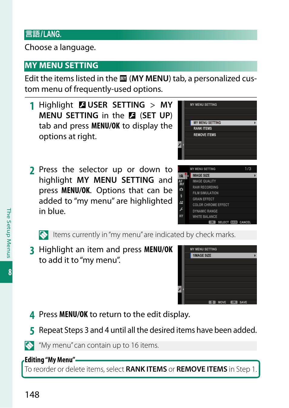 Press menu/ok to return to the edit display | FujiFilm GFX 50S User Manual | Page 166 / 268