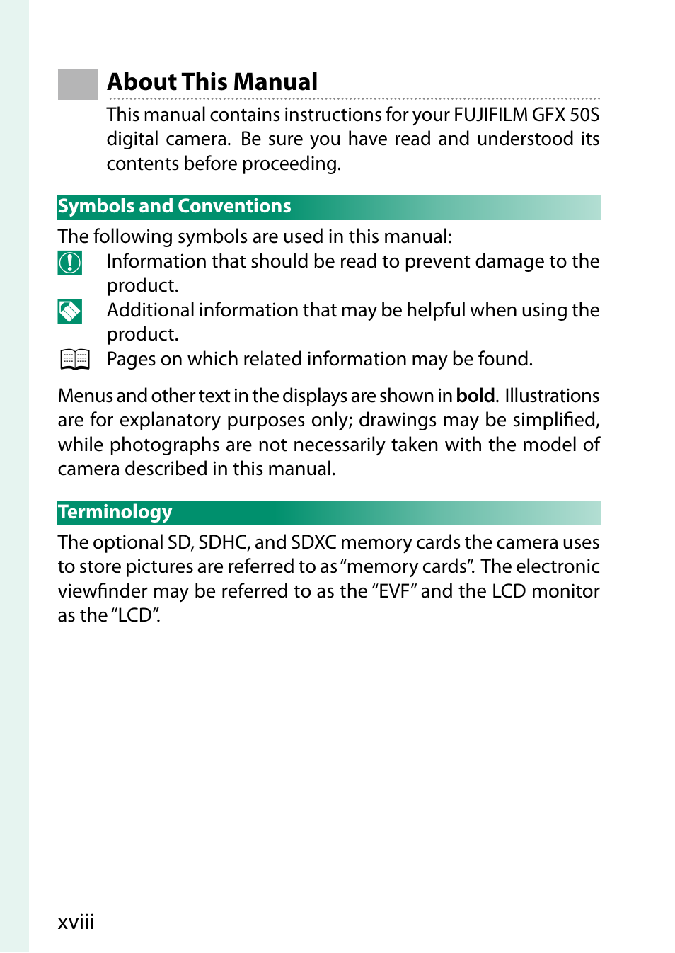 Xviii, About this manual | FujiFilm GFX 50S User Manual | Page 18 / 268