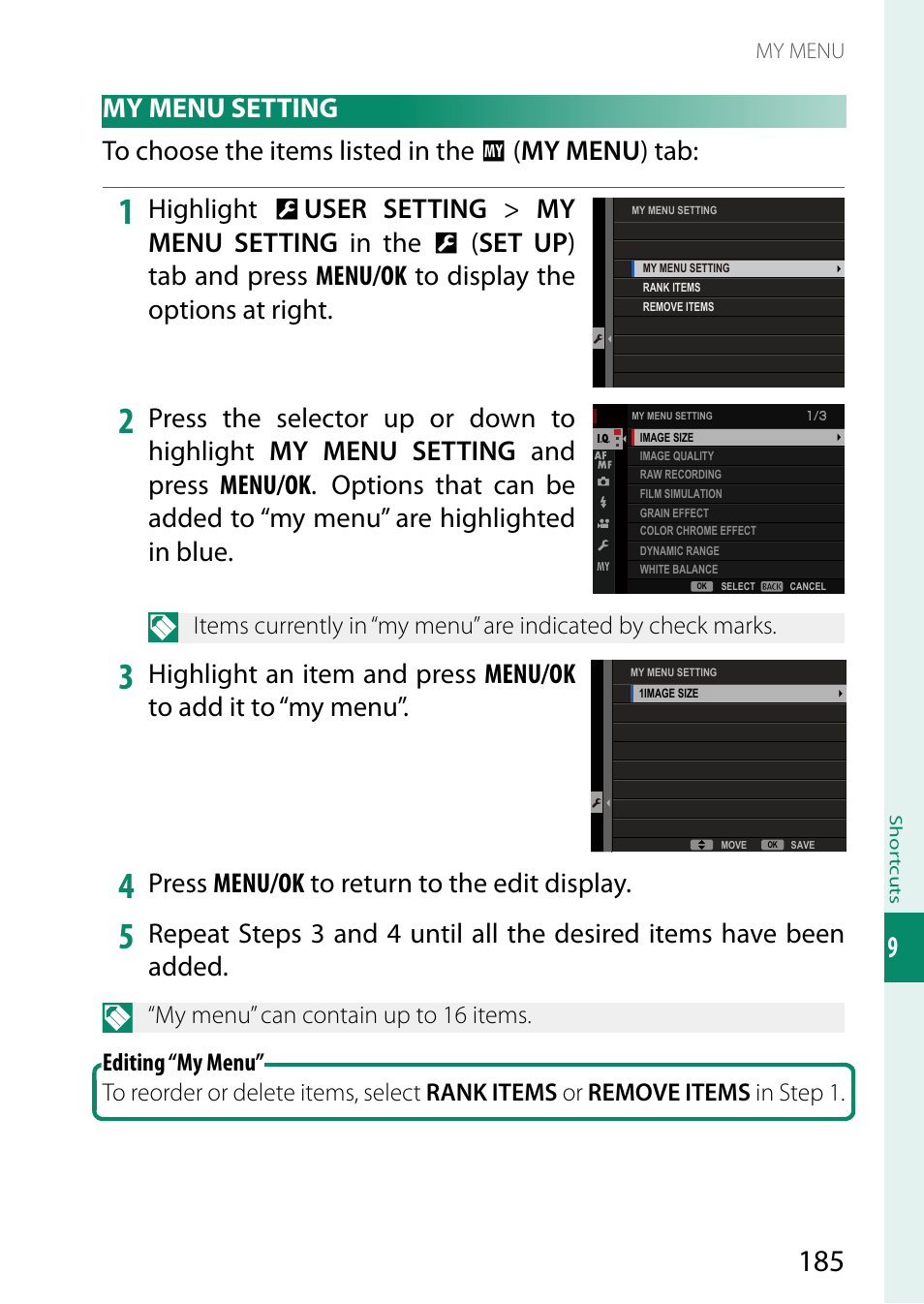 Press menu/ok to return to the edit display | FujiFilm GFX 50S User Manual | Page 203 / 268