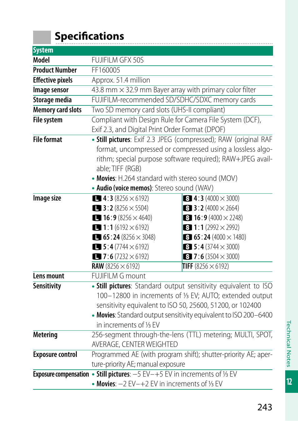 Specifi cations | FujiFilm GFX 50S User Manual | Page 261 / 268