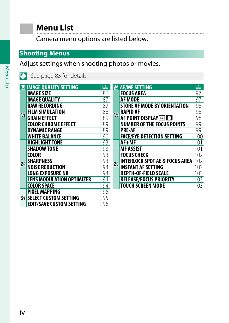 Menu list | FujiFilm GFX 50S User Manual | Page 4 / 268