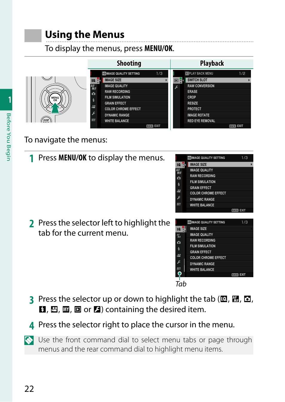 Using the menus, Press menu/ok to display the menus, Shooting | Shooting playback playback | FujiFilm GFX 50S User Manual | Page 40 / 268