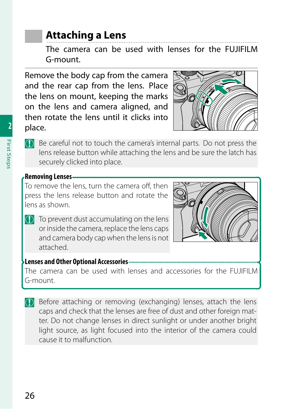 Attaching a lens | FujiFilm GFX 50S User Manual | Page 44 / 268