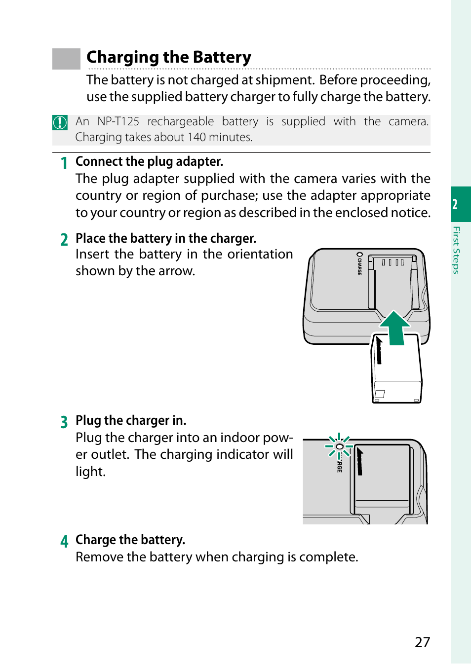 Charging the battery | FujiFilm GFX 50S User Manual | Page 45 / 268