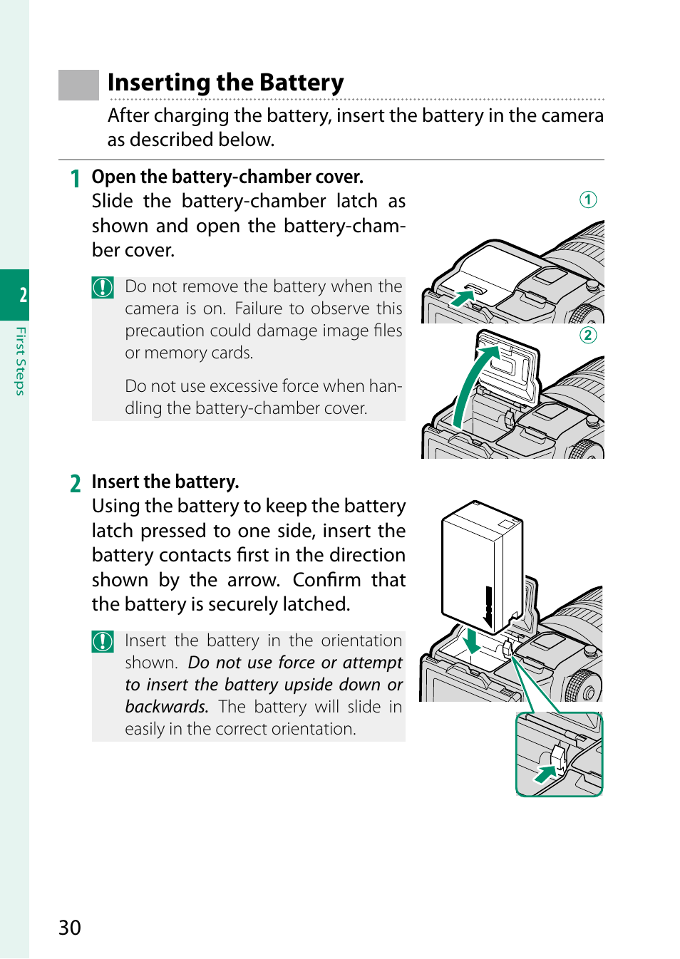 Inserting the battery | FujiFilm GFX 50S User Manual | Page 48 / 268