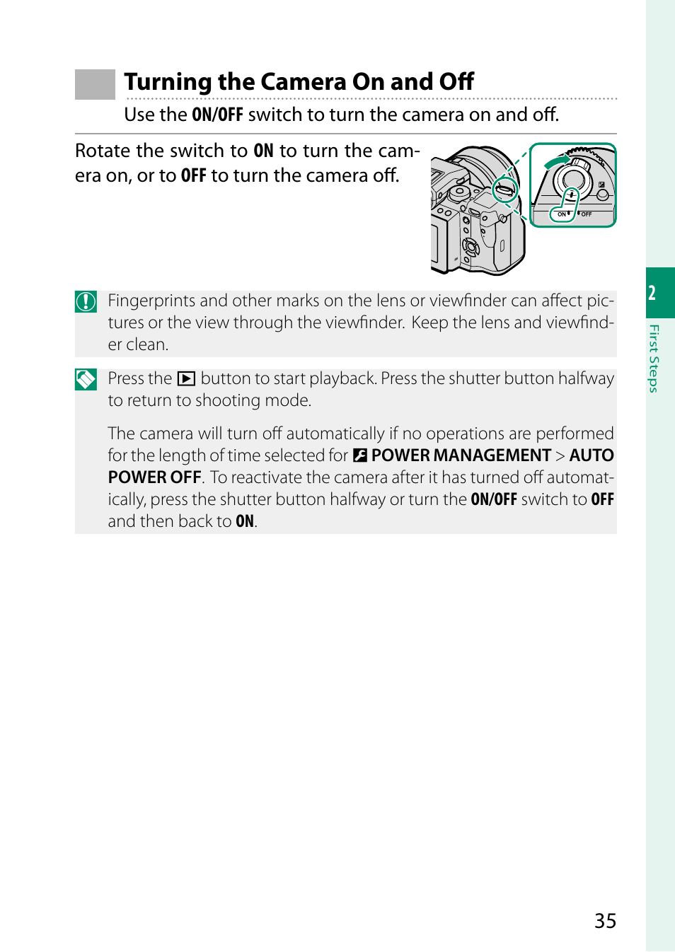 Turning the camera on and off | FujiFilm GFX 50S User Manual | Page 53 / 268